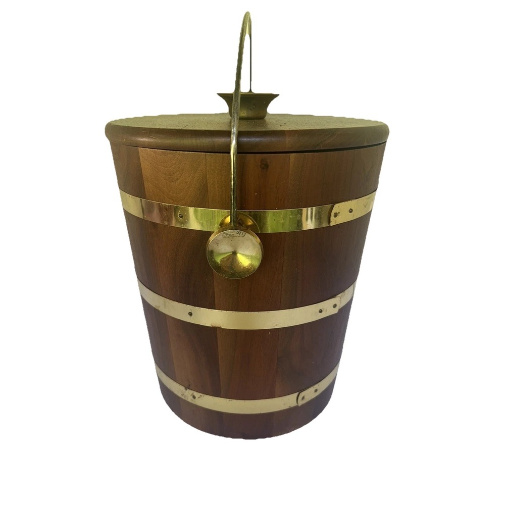 Ice Bucket Walnut Wood Vermillion Brass Vintage‎ liner bucket  MCM